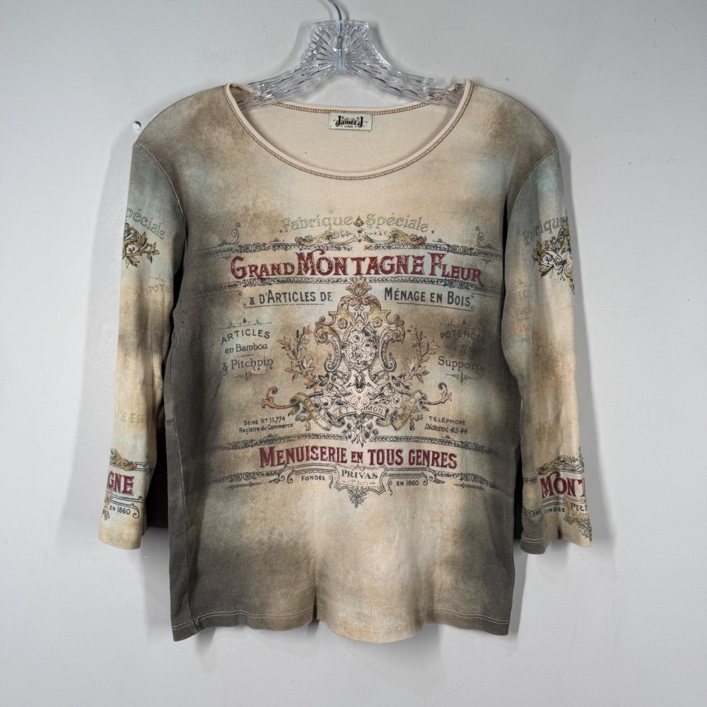 Jamee J Women French Graphic Rhinestone Shirt Grand Montagne Fleur Earth Tone L